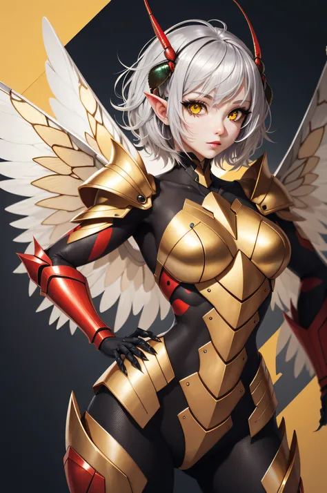Mantis, (monster girl), short silver hair, golden eyes, red insect-like armor, silver mantis-like wings, red pincer hands with black n yellow circle, masterpiece, best quality