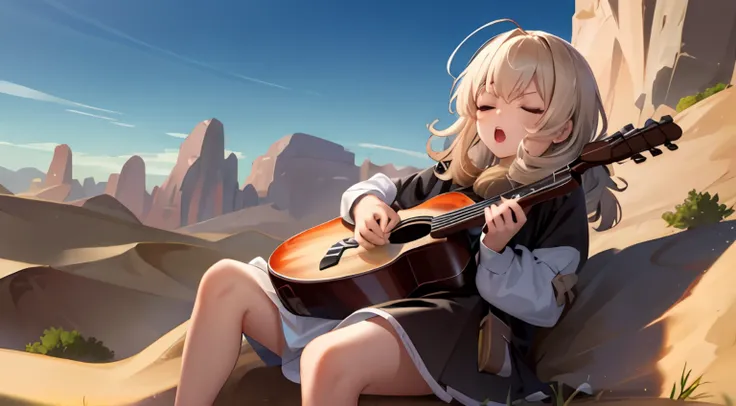 klee singing eyes closed, playing ukulele, desert scenery