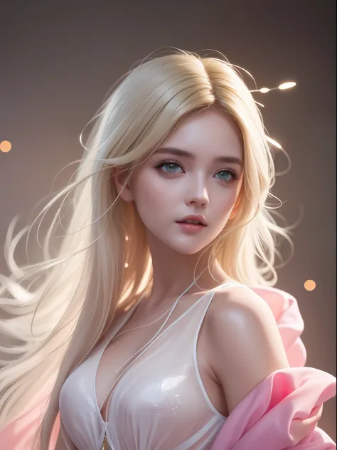 blond woman with white hair and glowing lights in a pink dress, beautiful digital artwork, fantasy gorgeous lighting, gorgeous d...