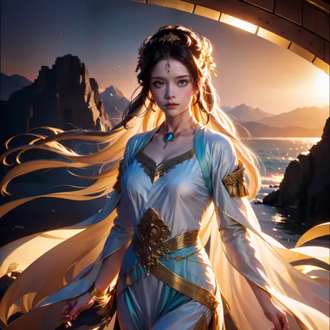 A sea of golden clouds, Surrounded by mountains, Classical antique girl, motion blur, cinematic lighting, best quality, 4K