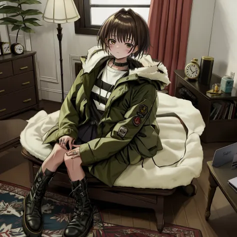 nadegata, 1girl, black footwear, blush, boots, brown hair, clock, coat, puffer coat, shiny puffer jacket, fur-trimmed boots, fur...