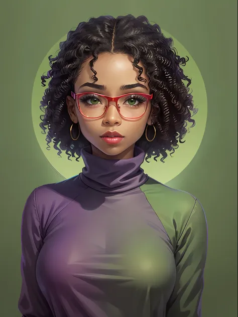 an illustration of african american woman with natural hair, short hair, soft makeup, purple blouse with turtleneck, red lipstic...