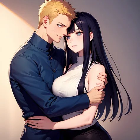 blonde man, dark blue hair, naruhina, hug, masterpiece, couple