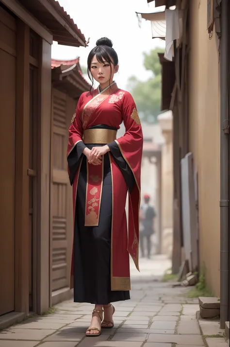 creates an asian demigoddess with sword in hand, living in one.  ancient city and wearing ancient clothes without nudity.  dress...