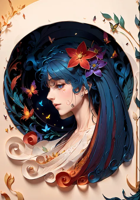 spring, paper art, 3d rendering, colorful, beauty side face, phoenix, flowers, butterflies, lines, best quality, detailed details, masterpiece, official art, cinematic lighting effects, 4K,