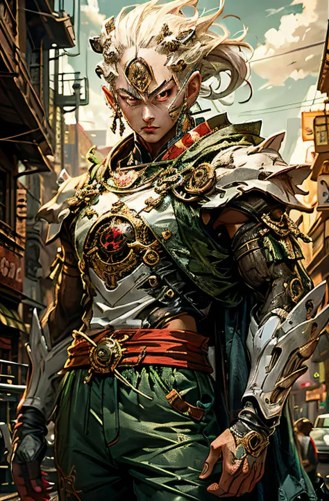 Personaje de anime en una calle de la ciudad una armadura, Planeswalker, 2. 5 D CGI Anime Fantasy Artwork, Style of Raymond Swanland, Wlop and Ross Tran, Best on Wlop, Intricate Wlop, Amazing Portrait of Viego, Mohrbacher, Epic Exquisite Character Art, Wo...