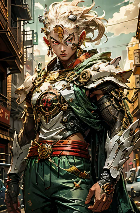 Personaje de anime en una calle de la ciudad una armadura, Planeswalker, 2. 5 D CGI Anime Fantasy Artwork, Style of Raymond Swanland, Wlop and Ross Tran, Best on Wlop, Intricate Wlop, Amazing Portrait of Viego, Mohrbacher, Epic Exquisite Character Art, Wo...