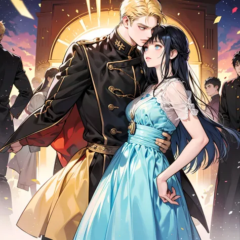 blonde man, dark blue hair girl, naruhina, hug, masterpiece, couple, standing, royalti, nobility