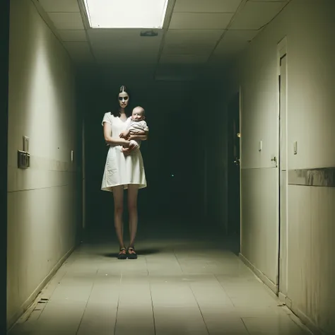 headless woman in white dress carrying deformed baby in the middle of abandoned hospital corridor at night, dynamic lighting, ph...