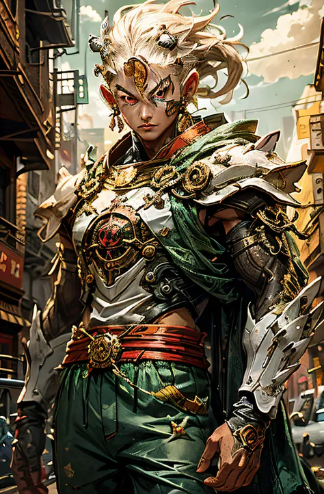 Personaje de anime en una calle de la ciudad una armadura, Planeswalker, 2. 5 D CGI Anime Fantasy Artwork, Style of Raymond Swanland, Wlop and Ross Tran, Best on Wlop, Intricate Wlop, Amazing Portrait of Viego, Mohrbacher, Epic Exquisite Character Art, Wo...