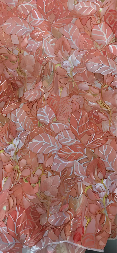 there is a red and yellow floral print fabric on a table, translucent leaves, flowing salmon-colored silk, melting in coral patt...