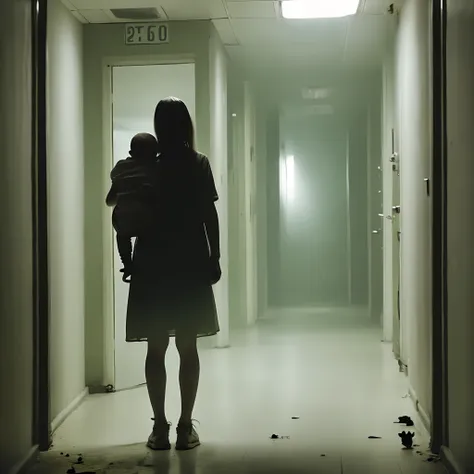 headless woman in white dress carrying deformed baby in the middle of abandoned hospital corridor infested with rats and with bl...