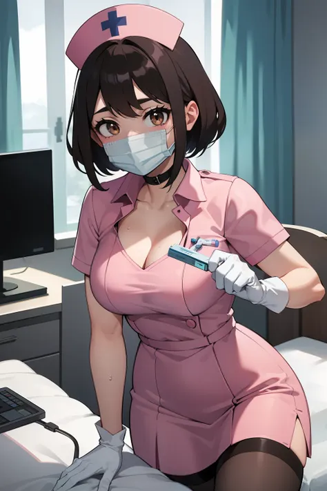 masterpiece, best quality, detailed, solo, 1girl, hmochako, nurse, stockings, seductive pose, nurse cap, chest curtains, gloves,...