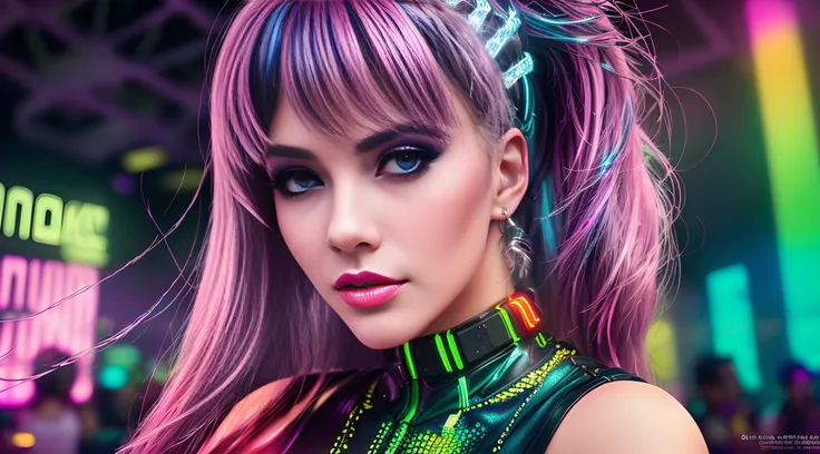 arafed woman with pink hair and neon makeup posing for a picture, dreamy cyberpunk girl, hyper-realistic cyberpunk style, cyberp...