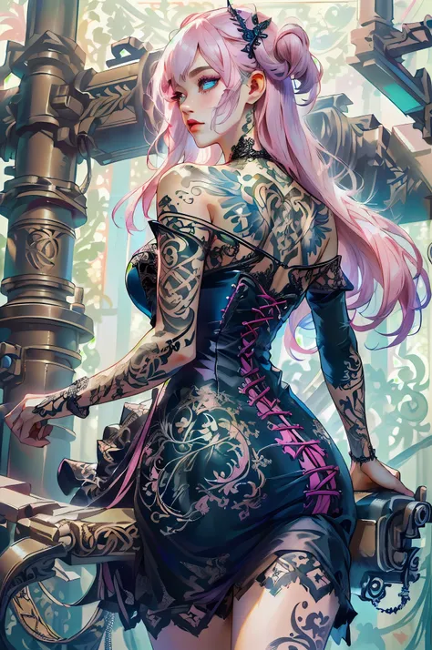 complex details beautiful and delicate eyes, PastelGothAI dress, PastelGothAI background, off-the-shoulder, tattoo, irezumi, Ultra-realistic 8K CG, masterpiece, ((ultra-detailed background, delicate pattern, intricate details)), best quality, intricate det...