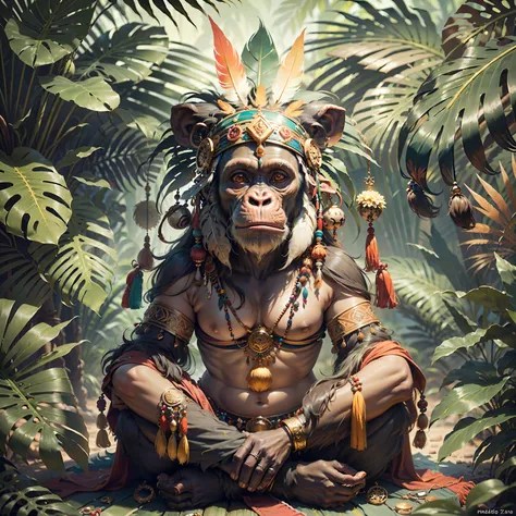 Chimpanzee with headdress ((Shaman)),((meditative state),,Shaman, elegant chimpanzee, hair with details, with Indian headdress on head, ((meditating)) many colorful feathers, colorful feathers, facing the camera, detail: dense tropical foliage, highly deta...
