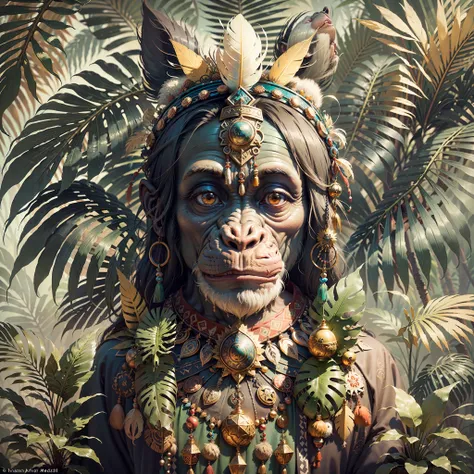 chimpanzee with headdress ((shaman)),((meditative state),,shaman, elegant chimpanzee, hair with details, with indian headdress o...