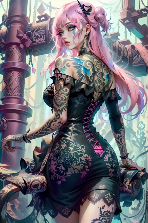 complex details beautiful and delicate eyes, PastelGothAI dress, PastelGothAI background, off-the-shoulder, tattoo, irezumi, Ultra-realistic 8K CG, masterpiece, ((ultra-detailed background, delicate pattern, intricate details)), best quality, intricate det...