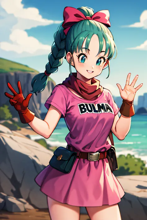 masterpiece, best quality, highres, dragon ball, blmpony, aqua hair, hair ribbon, braided ponytail, pink shirt, belt, scarf, pin...