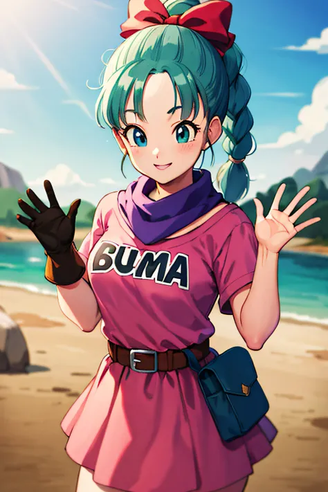 masterpiece, best quality, highres, dragon ball, blmpony, aqua hair, hair ribbon, braided ponytail, pink shirt, belt, scarf, pin...