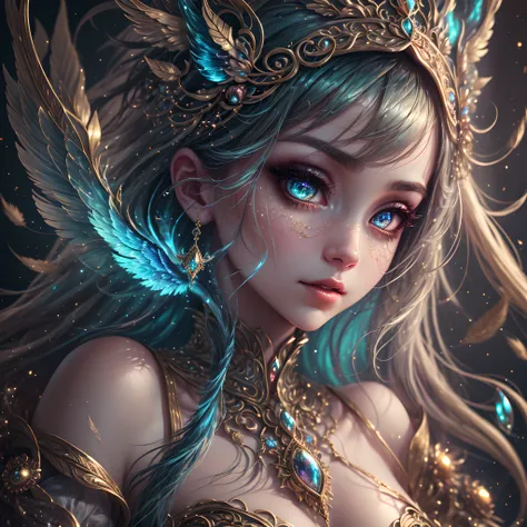 generate a beautiful celestial woman with an interesting face and engaging expression. this image should be in a fantasy style. ...