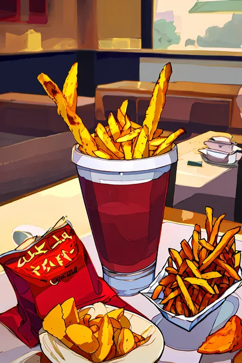 potato fries, gourmet food, hd, super detail, (best quality, high score rate) ultra clear, hand drawn pieces, lafite fries and d...