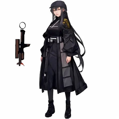 a woman in a black coat and a gun standing next to a white background, girls frontline style, official character art, from girls...