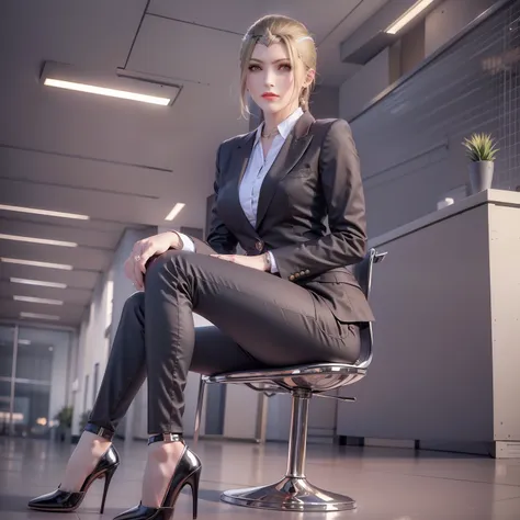 casual pose, black stockings, shirt, women's suit, ol, black silk, black high heels, workplace high heels, black trousers, short...