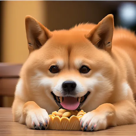 a professional photo of [(((buff Swoledoge))):buff Swoledoge:8], grinning, dog body, eating dog snacks in a restaurant, cinematic dramatic light, smooth transition, bokeh , high resolution, 4k