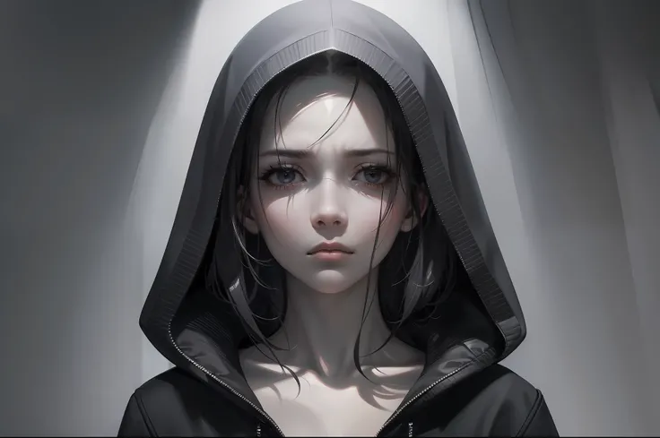 A half-body portrait of a girl wearing a hoodie, depicting a sense of solitude, darkness, and oppression. Her gaze is downward, reflecting a profound loneliness and inner turmoil. The surrounding environment is shrouded in darkness, with only faint hints o...