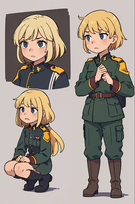 (Best quality: 0.8), (Best quality: 0.8), perfect anime illustration, captured German soldier, 1girl, little girl, terrified expression, blonde hair, full set of torn German uniforms, marching boots
