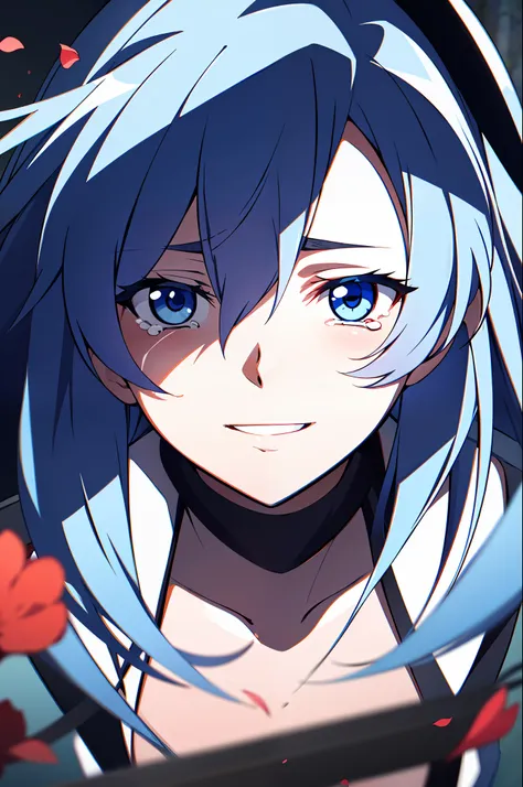 (masterpiece), (best quality),highres, ultra detailed, professional lighting, dark blue hair, light blue eyes, bunny outfit, front view, tearful eyes, smile, tilted head, eyes focused on viewer, falling petals, upper body, shaded eyes, esdeath, slashing sw...