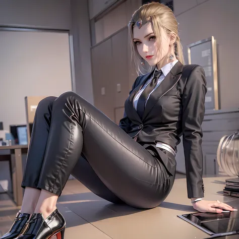 casual pose, black stockings, shirt, women's suit, ol, black silk, black high heels, workplace high heels, black trousers, short...