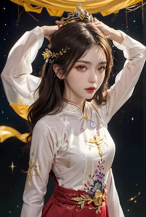 1 27-year-old girl, 1 zodiac goddess from the future, goddess of the pink and purple 12 zodiacs, the goddess of the zodiac in a yellow ao dai, a 12 zodiac ao dai with many black lace detail, mythology Goddess of the 12 zodiacs from the future, zodiac ♏, lu...