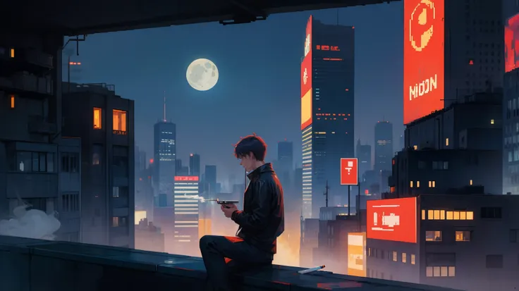 lonely man smoking cigarette pixel art cyberpunk style city lights futuristic city, man at window looking the moon hd super deta...