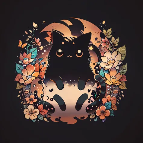 cute 00d, butterfly, flower, cat, {deep black background}