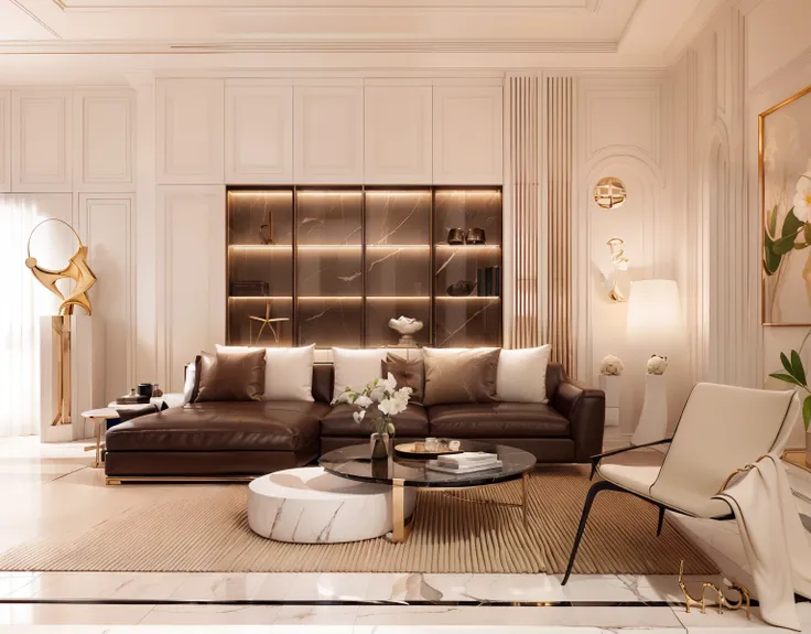 about neo classical lliving room with a dark brown simili leather sofa, gray fur rugivory and white  marble, marble walls, the p...