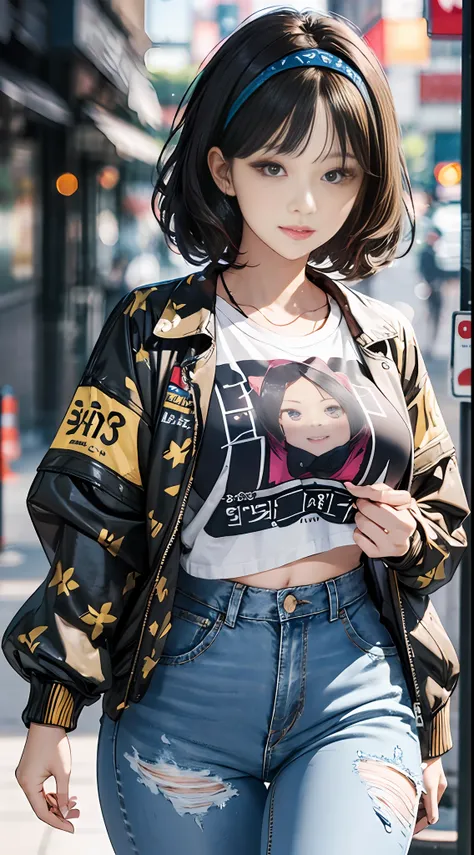 (masterpiece, best quality), beautiful woman, cute printed cropped shirt, jacket, jeans, short wavy hair, headband, asymmetrical bangs, perfect face, beautiful face, alluring, big gorgeous eyes, soft smile, perfect slim fit body, city streets, seoul, brigh...