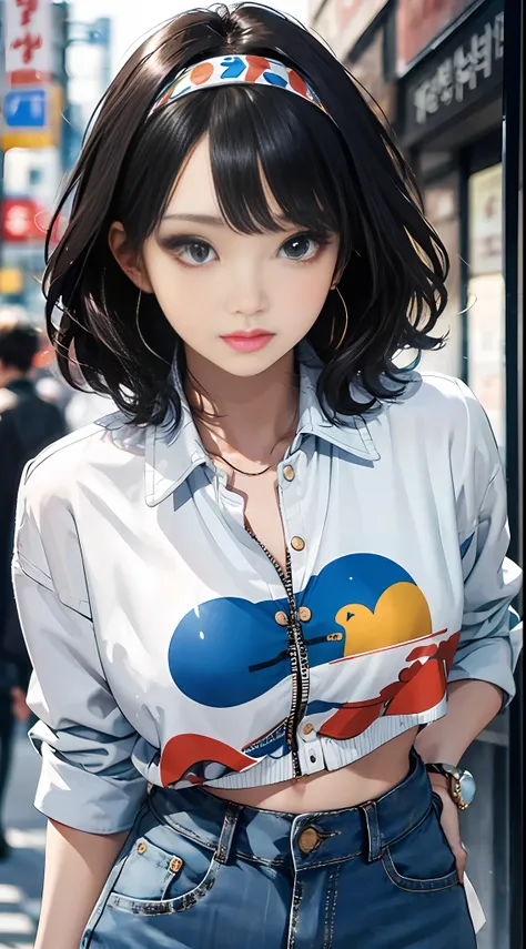 (masterpiece, best quality), beautiful woman, cute printed cropped shirt, jacket, jeans, short wavy hair, headband, asymmetrical bangs, perfect face, beautiful face, alluring, big gorgeous eyes, soft smile, perfect slim fit body, city streets, seoul, brigh...