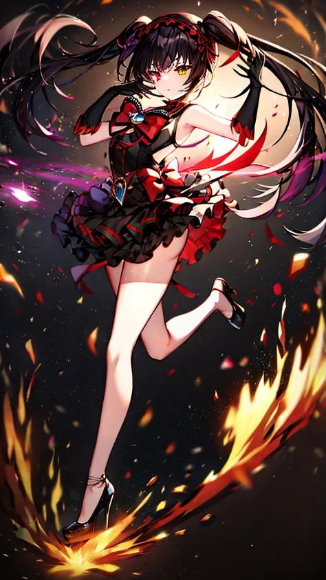超逼真的8K CG,完美的脸,完美无瑕,干净,杰作,专业艺术品,1女孩,时崎狂三, date a live, Black sailor senshi uniform, white tights,white bodysuit, miniskirt,black hair,asymmetrical_twintails, high heels,red_yellow_heterochromia, clock_eyes,, black collar, black miniskirt, white gloves, (bl...