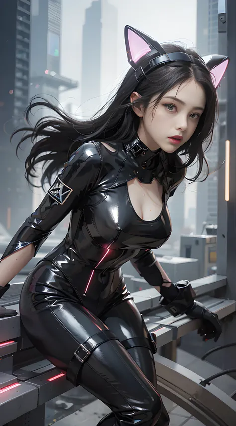 solo, super fine photo, portrait unreal engine 5 8k uhd of a girl in a skin tight futuristic black latex outfit with white jacke...