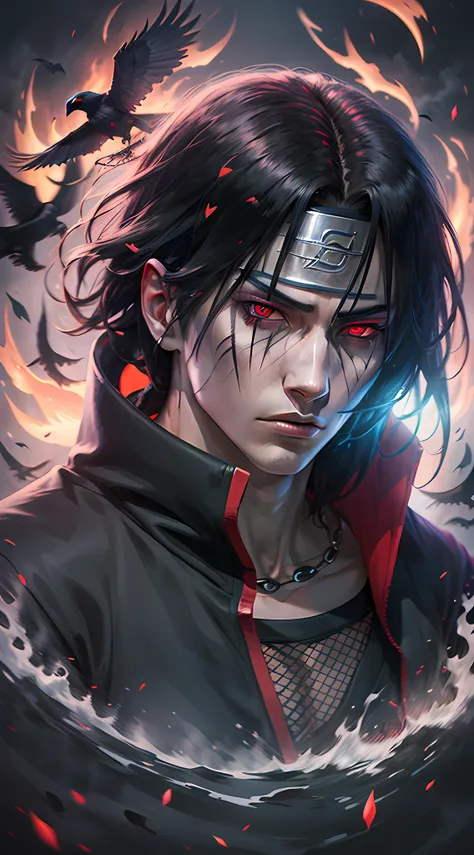 itachi uchiha, darkness envelops him, flaming sharingan eyes, a raven by his side, hidden powers awaken, black flames consuming ...