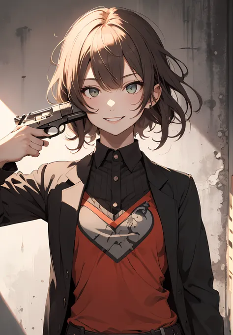 1girl, masterpiece, best quality, g2h, gun to head, handgun, holding gun, cowboy shot, smilling, confident, perfect face,express...