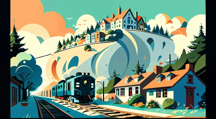 drawing of a town with a train coming up the hill, very coherent stylized artwork, award-winning concept art, illustration conce...