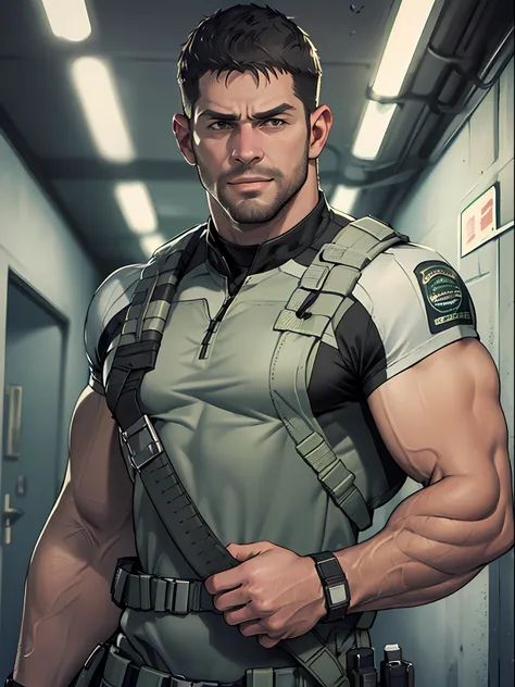 1 man, solo, 35 year old, chris redfield, wearing green t shirt, smirks, white color on the shoulder and a bsaa logo on the shou...