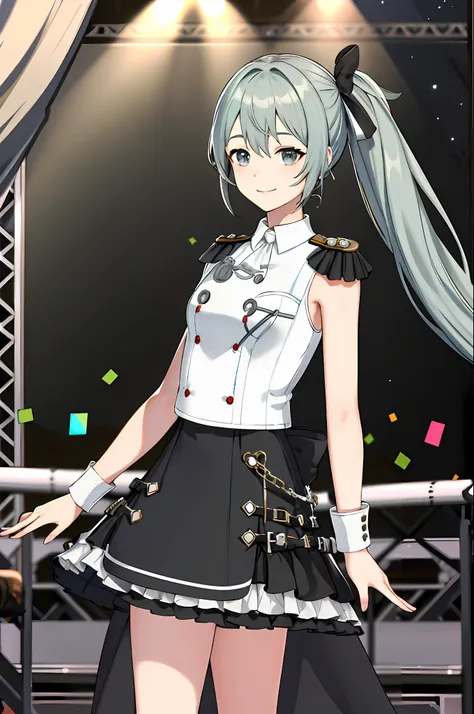 masterpiece, top quality, high resolution, firs, epaulettes, cowboy shot, stage, standing, smiling, side arms, silver sleeveless shirt Black skirt
