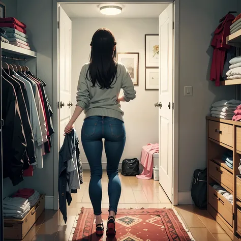 a young woman packs her clothes in the house