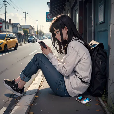 young woman playing with mobile phone on the side of the road