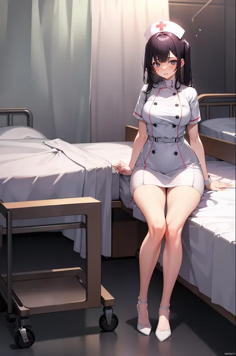 infirmary, curtains, 1girl, full body, nurse, white dress, masterpiece, best quality, very detailed