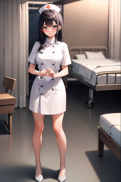 infirmary, curtains, 1girl, full body, nurse, white dress, masterpiece, best quality, very detailed